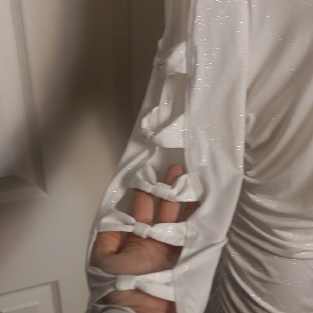Charlotte Russe One-Shoulder White Dress with Cut-Out Sleeve With Silver Sparkle - Picture 5 of 10